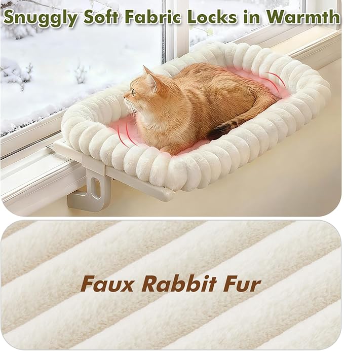 Zoratoo Cloud-Cuddle Cat Window Perch with 4-Sided Bolster, Zipper Design Cushion Window Seat for Window Sill, Sturdy Metal Frame & Easy Assembly Pet Hammock Bed for Indoor Cats (White, Large)
