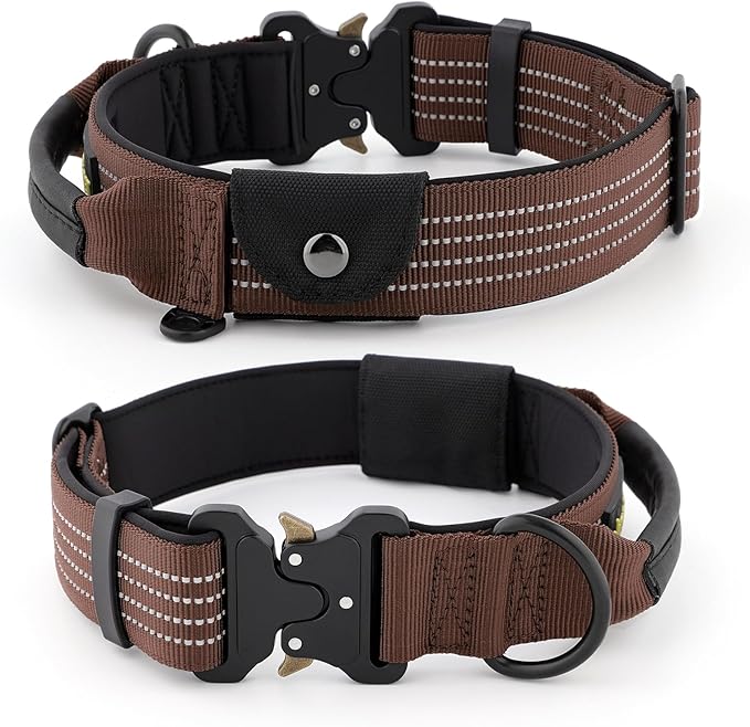 Plutus Pet Tactical Dog Collar with Tracker Pocket for AirTag, Adjustable Reflective Nylon Collar, Metal Buckle, Leather-Wrapped Handle, Soft Padded for Medium Large Dogs (Chocolate, M)