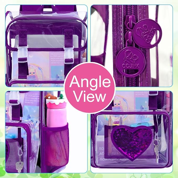 17" Sequin Clear Backpack for Girls - 3Pcs School Flip Design Stadium Approved Set, Waterproof Campus Transparent Bookbag (Purple)