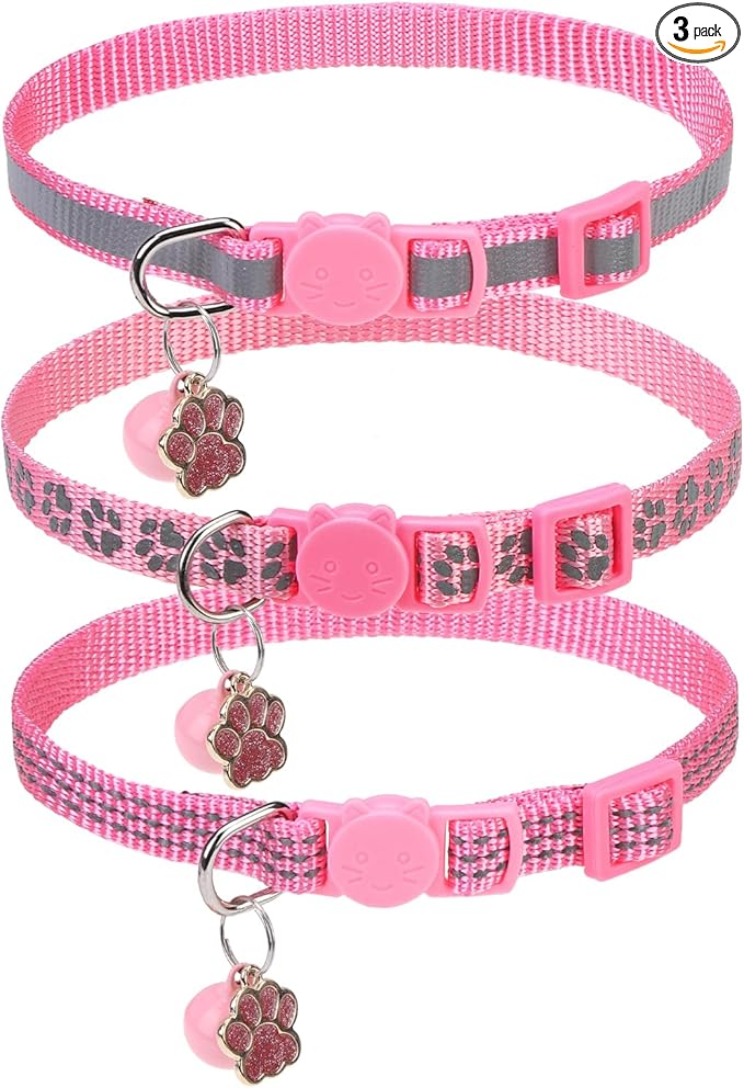 BINGPET Reflective Cat Collar Breakaway with Bells,3 Pack Kitten Collar for Girl Boy Cats with Cute Pendant Glow in The Dark,Adjustable 8''-11.8'',Pink