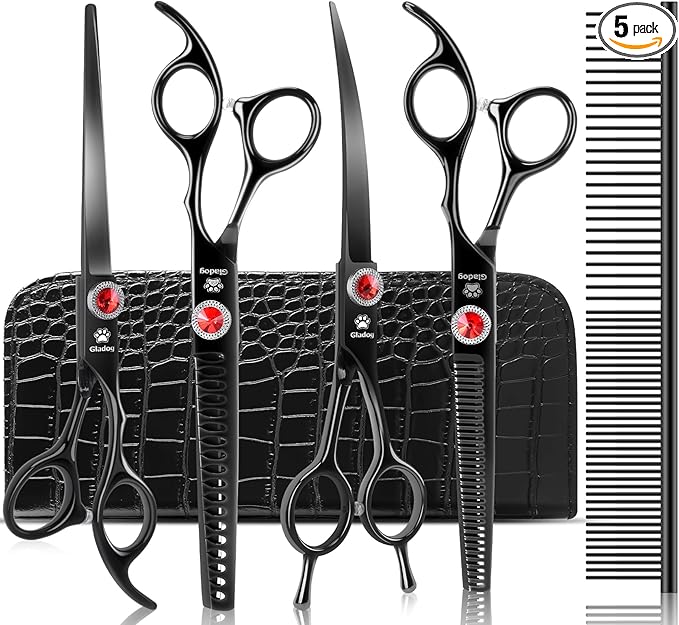 GLADOG 7 Inch Professional Dog Grooming Scissors Kit, Titanium Dog Scissors for Grooming, Heavy-Duty Dog Shears for Grooming, 6-in-1 Pet Grooming Scissors for Dogs (Pro Black)