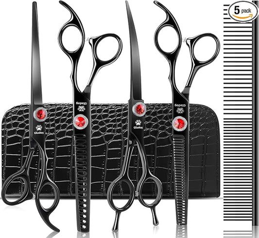 GLADOG 7 Inch Professional Dog Grooming Scissors Kit, Titanium Dog Scissors for Grooming, Heavy-Duty Dog Shears for Grooming, 6-in-1 Pet Grooming Scissors for Dogs (Pro Black)