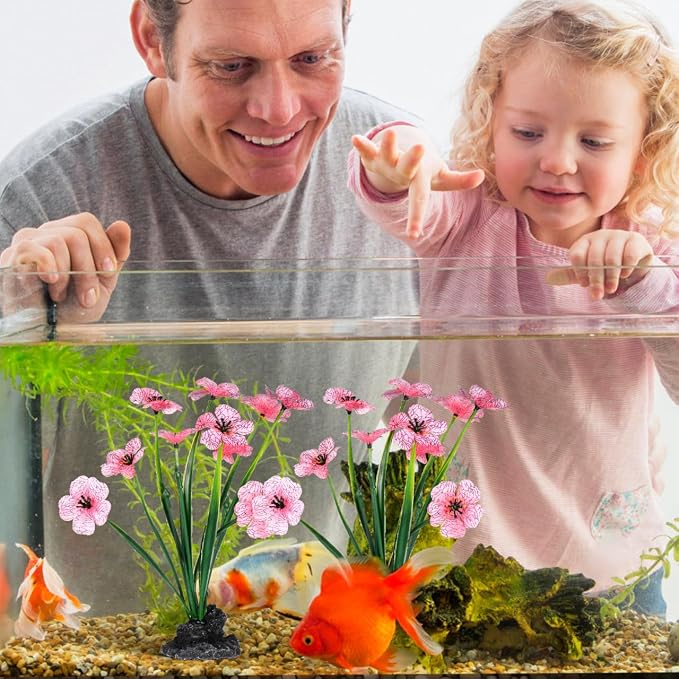 POPETPOP 2Pcs Fake Fish Tank Decorations Plants, Pink Fish Tank Decor with Stable Base, Plastic Realistic Silk Aquarium Plants for Betta Freshwater Decorations (8.3 Inch)