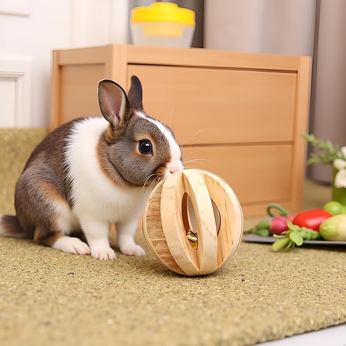 Jinshining 1pc Wood Color Natural Wood Dumbells Unicycle Bell Roller Pet Chew Toy for Guinea Pigs Rat Rabbits,Guinea Pig Toys Boredom,Small Animals Will be Very Happy Toys(No Bark Watermelon Ball)