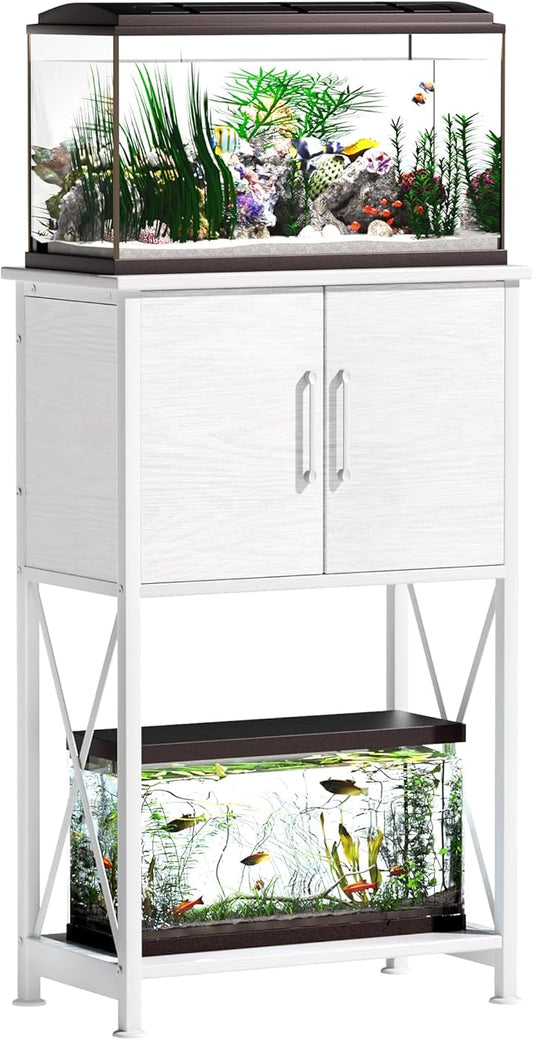 Herture 5-10 Gallon Fish Tank Stand, Metal Double Aquarium Stand with Cabinet for Fish Tank Accessories Storage, Heavy Duty 20.5" L* 11.02" W Tabletop, 500LBS Capacity White PG06YGW