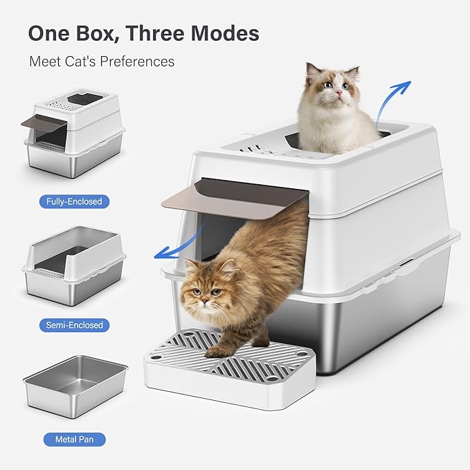 Aphyxen Stainless Steel Litter Box with Lid, XL Extra Large Enclosed Cat Litter Box Fits All Cats Modular Design with Flip Cover, Top Entry Metal High Sided Cat Box & Pedal & Scoop (White)