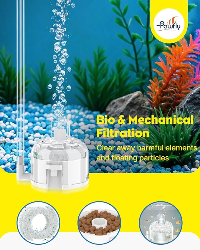 Pawfly 27 L/H Aquarium Air Pump, Compact Air Pump Suitable for 1–15 Gallon Fish Tanks | 1.3W Ultra Quiet Portable Fish Tank Oxygen Aerator Air Pump Kit with Mini Sponge Filter, Air Tubing, Air Stone, Check Valve