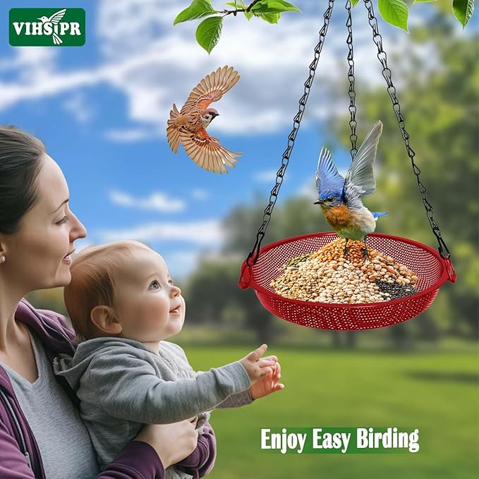 Hanging Bird Feeder for Outdoors – 9 in Metal Mesh Bird Feeder Tray Platform for Small Wild Birds, Red
