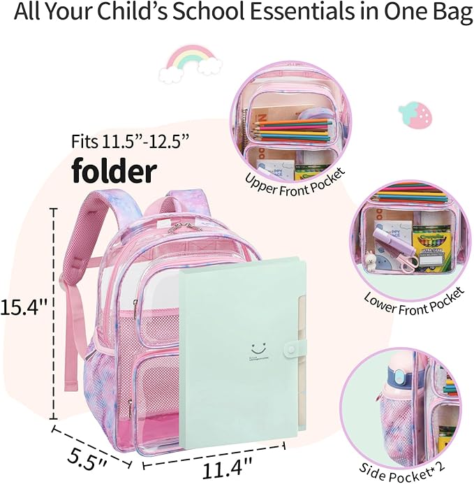 Clear Backpack for Girls, 15 Inch Heavy Duty Transparent Bookbag for Kindergarten to 2nd Grade, PVC See Through Daypack with Reflective Straps, Fits Standard Folders, Pink Tie-dye