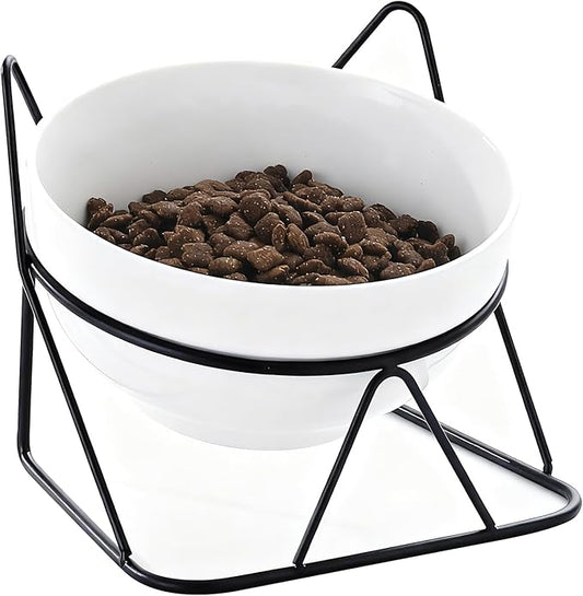 Elevated Cat Food Bowl,Ceramic Raised Water Bowl for Indoor Cats, 15°Tilted Metal Stand Anti Vomiting and Protect Spines,Whisker Fatigue Feeding Dishes,Non-slip and Dishwasher Safe