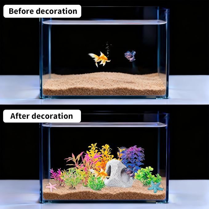 12 PCS Aquarium Decoration Cave Set, Ceramic Fish Tank Hideaway Rock | Colorful Plastic Aquarium Plants & Resin Starfish, Small Fish Tank Ornaments for Pet Fish to Hideout and Rest