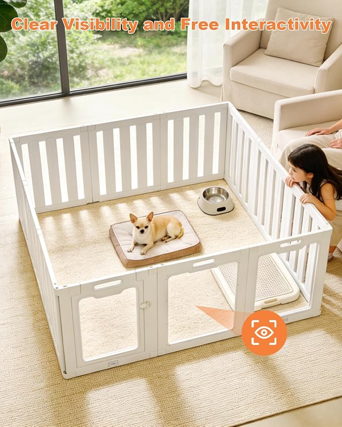 Acrylic Indoor Dog Playpen with Heavy Duty Door Lock,24" H 12 Panels DIY Puppy Playpen Pet Play Pen for Small Animal, Easy Assemble and Clean Plastic Pet Fence,White