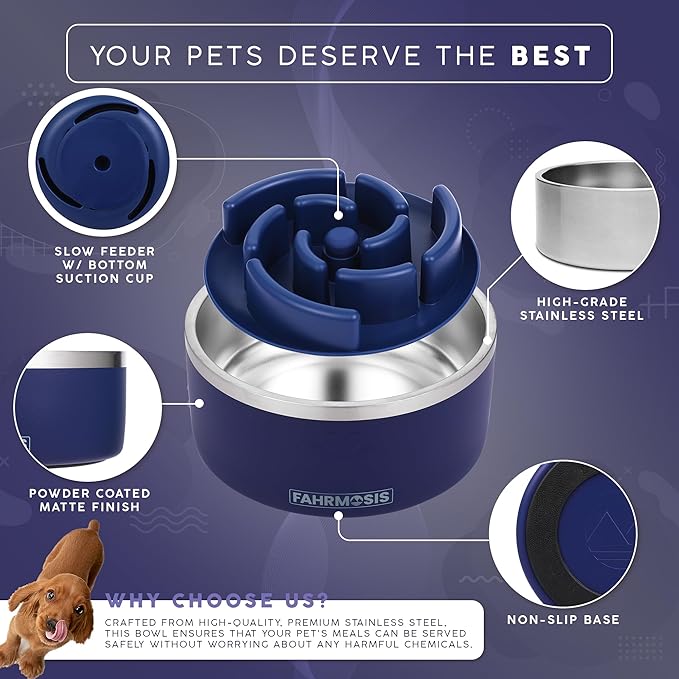 FAHRMOSIS 32 Oz Dog Bowl with Slow Feeder Insert Stainless Steel Pet Water Bowl for Medium & Large Breed Non Slip Rubber Base & Plastic Puzzle Feeder - Navy Blue