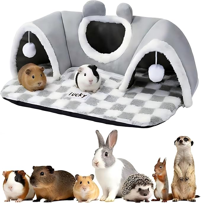 Extra Large Guinea Pig Hideout Tunnel, 3-Cave Small Animal Tunnel for Play Tube Toys Mat, Pet Tunnel for Dwarf Rabbits Bunny Chinchillas Hamsters Hedgehogs Ferrets and Rats, 22.05" × 16.14"× 5.51"