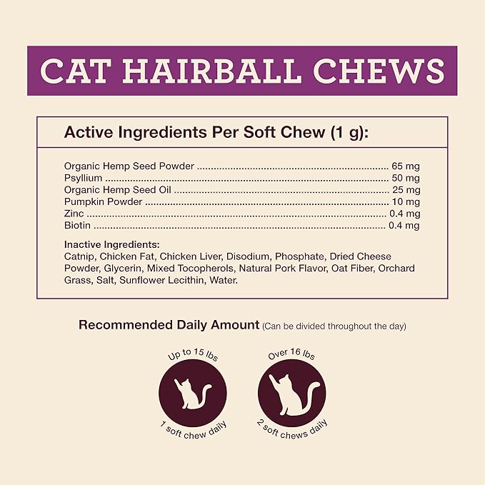 Hemp Well Cat Hairball Soft Chews for Cats, Hairball Control & Digestive Support, Organic Hemp Seed Powder, Pumpkin Seed & Psyllium Fiber, Skin & Coat Support, Chicken Cheese & Catnip Flavor, 60 Ct