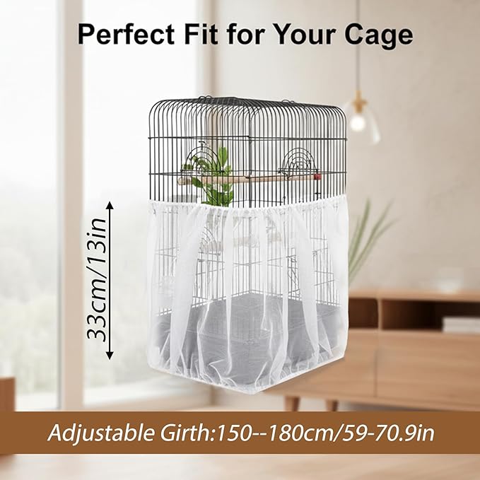 Bird Cage Net Seed Catcher Net Cove White Adjustable Breathable Mesh Parrot Cage Skirt Guard for Parrot Cockatiel Budgie Fits Round Square Cages