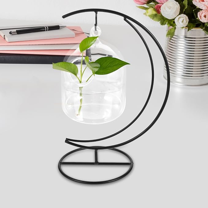 MERRYHAPY Hanging Glass Fish Bowl with Moon-Shaped Iron Stand, Small Aquarium Tank for Betta and Goldfish, Desktop Aquarium Decoration, 12cm