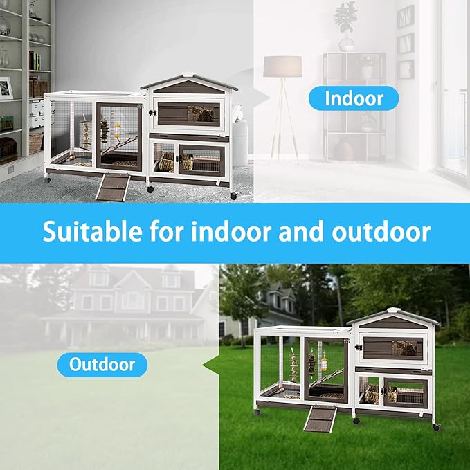 Ketive Rabbit Hutch Indoor Outdoor Two Story Bunny Hutch with Wheels Guinea Pig Cage with Removable No Leaking Tray Wooden Pet House