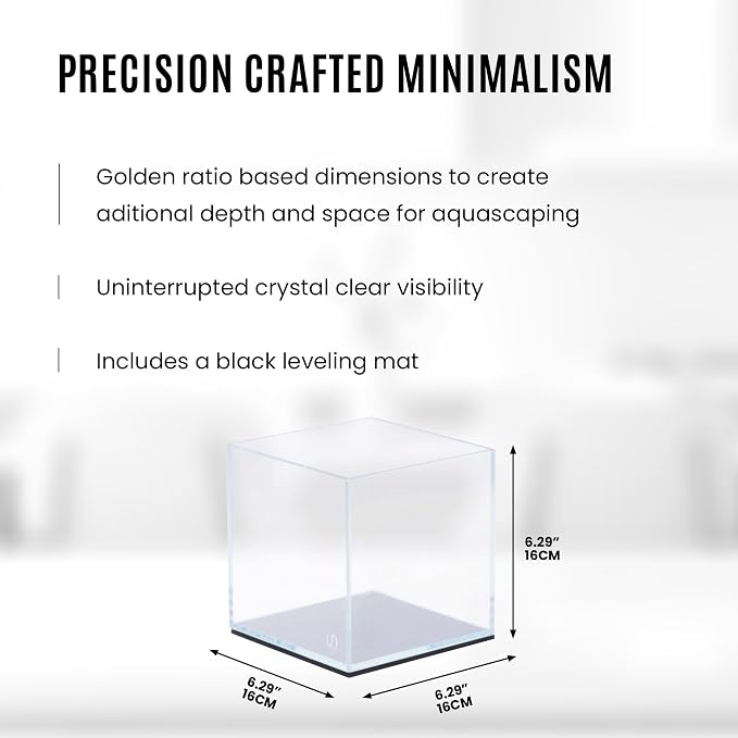 Ultum Nature Systems Ultra Clear Rimless Aquarium - Low Iron Glass Fish Tank with 45° Mitered Edges, 5mm-12mm Thick, Leveling Mat Included (16C, Cube, 1 Gallon)