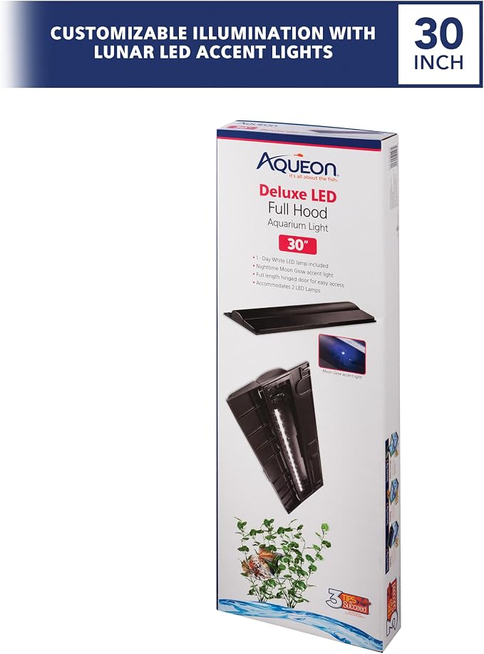 Aqueon LED Deluxe Fish Tank Aquarium Full Hood, Black, 30 Inch | Aquarium light with full-length feeding door, custom-fit aquarium lid with rear breakouts for filters and heaters