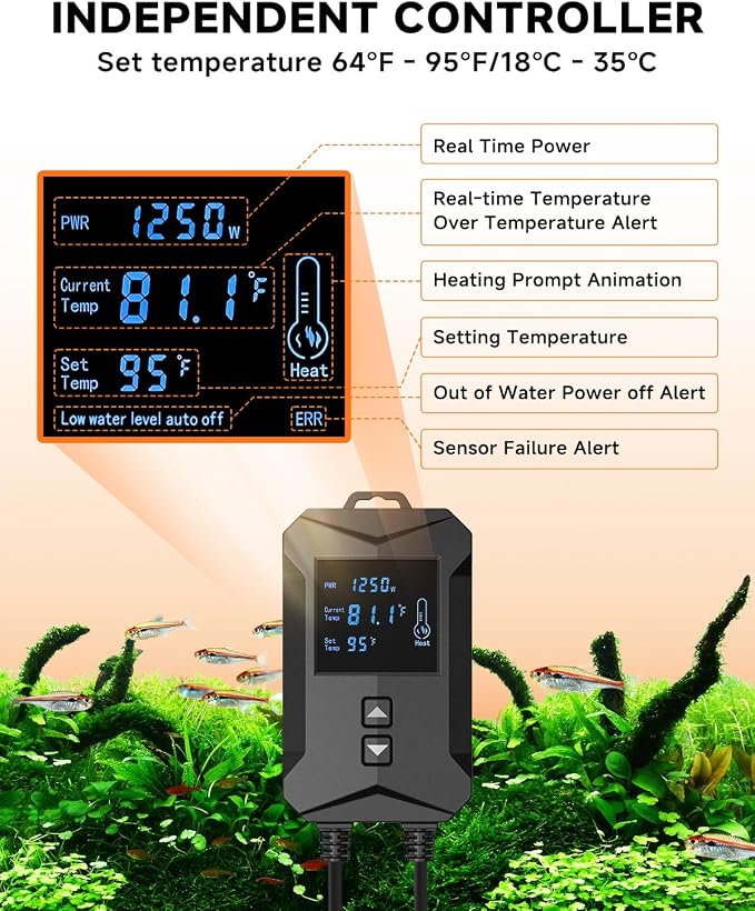 AQQA Aquarium Heater 800W/1000W/1200W/1400W Fish Tank Heater | LED Digital Display Submersible No Pond Heaters with Overheat & Dry-Out Protection for Freshwater & Saltwater Tanks (1200W)