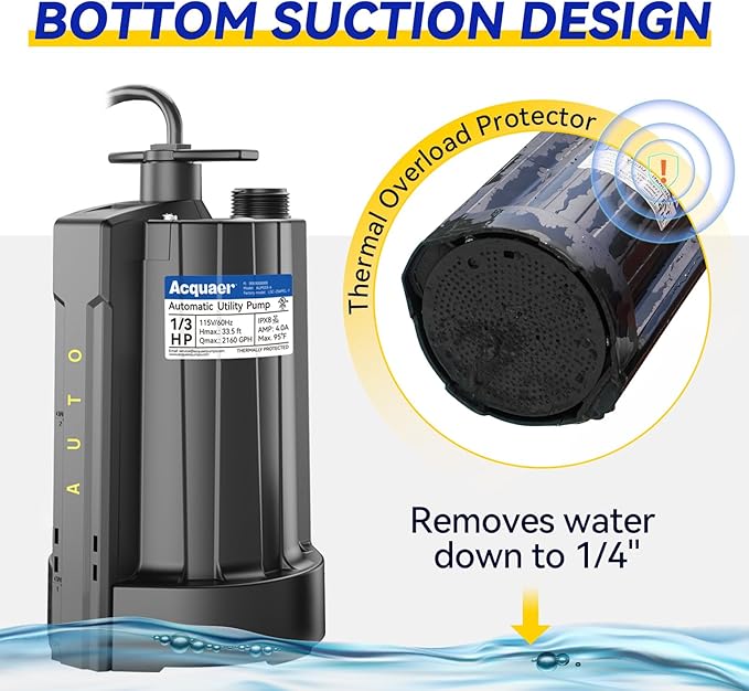 Acquaer 1/3 HP Submersible Water Pump, 115V Sump Pump with 3/4” Garden Hose Adapter, 2160 GPH High Flow Water Removal for Swimming Pool Cover Hot Tubs Flooded House Basement, Black
