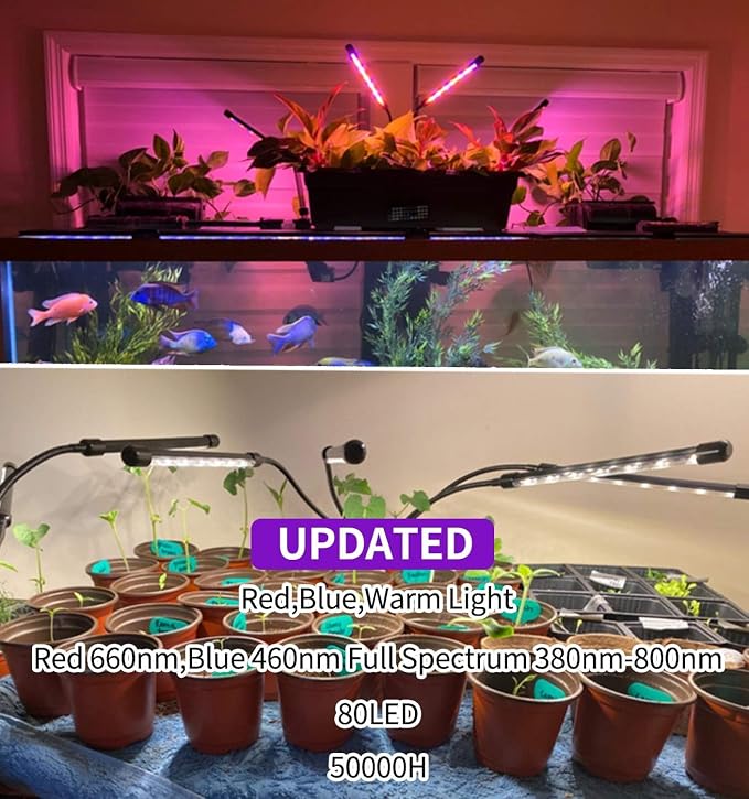 LED Grow Lights for Indoor Plants 2-Pack, Full Spectrum & Red Blue Spectrum Plant Growing Lamps with 3/9/12H Timer, 10 Brightness Levels, Clip-on Desk Plant Lights for Seedlings, Succulents, Flowers
