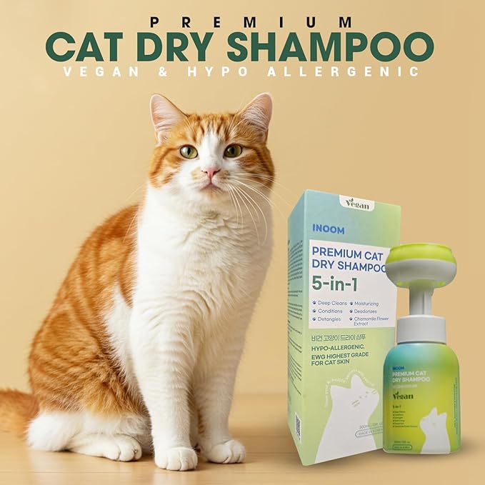 Korean Vegan Cat Dry Shampoo 300ml – Waterless Natural Foam Cleanser for a Kitten to Adult Cats,Soothing Damaged Skin, Removing Odors & Dander Reducing – Gentle & Waterless – Made in Korea