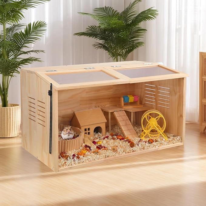 Wooden Hamster Cage,48" Lx20 Wx20 H，Animal Cabinet for Dwarf Syrian Hamsters Degus, Hamster Habitat with Openable Top and Large Acrylic Sheets.