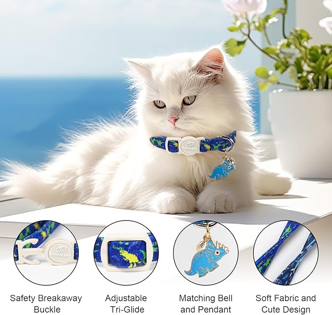 2 Pack Boy Cat Collars - Blue Shark & Dinosaur Breakaway Safety Cat Collars, Adjustable Soft Boy Kitten Collar for Small Dogs Puppy, Cute Pet Collar with Bell & Pendant