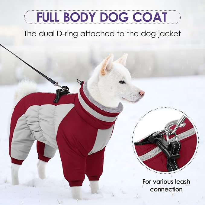 Full Body Dog Coat - Warm Fleece Jacket for Small Dogs, Turtleneck Winter Coats with Harness, Reflective Dog Snowsuit Windproof Puffer Jackets with Legs for Chihuahua, Yorkie, Burgundy XS