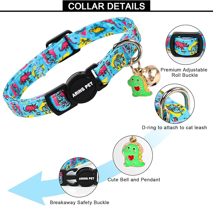 ARING PET 2 Pack Cat Collars with Bell, Cute Summer Soft Cotton Kitten Kitty Breakaway Cat Collars for Boy Girl Cats-Dinosaur & Flamingo