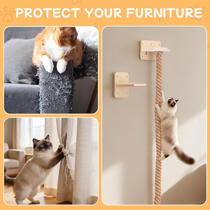 Uross 2.2" x 6.49Ft Cat Climbing Rope Wall Mounted with Jumping Platform Thick Natural Jute Rope Ladder & Scratching Post, Heavy Duty Cat Wall Furniture for Indoor Cats, Kittens & Large Cats