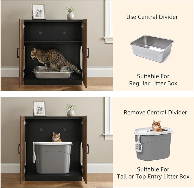 unipaws Cat Litter Box Enclosure Furniture with Storage Shelf, Tall Hidden Litter Box Cover for Tall or Top Entry Litter Box, Kitty Enclosed Cabinet, Cat Box with Odor Control, Walnut and Black