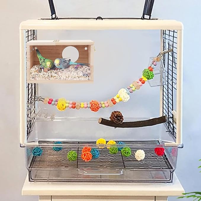 Natural Wood Nesting Box for Parakeet Birds Transparent Design Breeding Box with Perch Wood Bird Cage House for Cockatiel Lovebirds Budgie Finch Parrotlets Canary (Small)