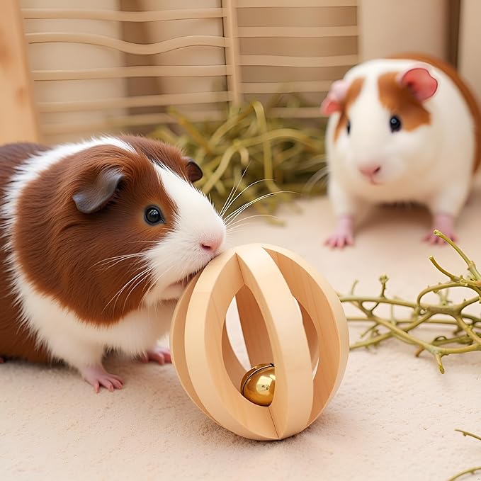 Jinshining 1pc Wood Color Natural Wood Dumbells Unicycle Bell Roller Pet Chew Toy for Guinea Pigs Rat Rabbits,Guinea Pig Toys Boredom,Small Animals Will be Very Happy Toys(No Bark Watermelon Ball)