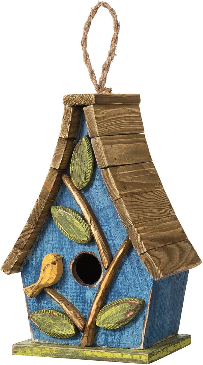 Glitzhome Birdhouses for Outdoors,9.5"H Hanging Bird House Decorative Pet Cottage Wooden Birdhouse Hummingbird Houses for Outside,Bluebird House with Natural Wood Slatted Roof and 3D Tree,Washed Blue