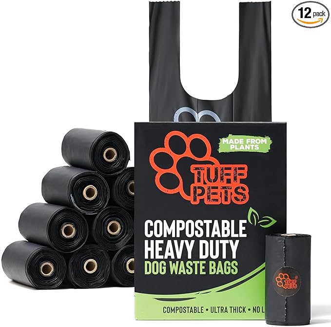 Tuff Pets Certified Compostable Heavy Duty Dog Poop Bag With Handles - 12 Rolls of Pet Waste Bags - Fits in any Dogs Poo Bag Dispenser or Holder - Thick Dog Poop Bags