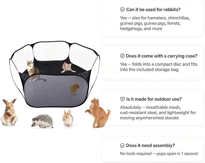 Small Animal Playpen, Portable 6-Sided Foldable Yard Fence for Rabbits, Hamsters, Chinchillas, Hedgehogs, High-Strength Steel Mesh Tent for Indoor & Outdoor Use (Black)