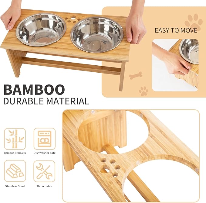 FOREYY Raised Pet Bowls for Cats and Small Dogs, Bamboo Elevated Dog Cat Food and Water Bowls Stand Feeder with 2 Stainless Steel Bowls and Anti Slip Feet (4'' Tall-20 oz Bowl)