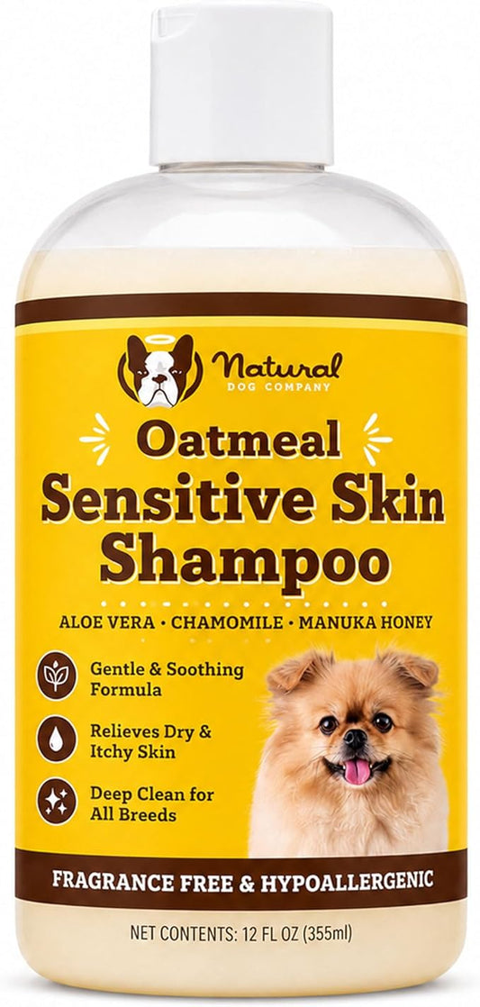 Natural Dog Company Sensitive Skin Dog Shampoo – Hypoallergenic Oatmeal Anti Itch Shampoo for Dogs, Gentle Puppy & Dog Wash with Aloe Vera, Manuka Honey & Chamomile, Odor Control, 12 oz