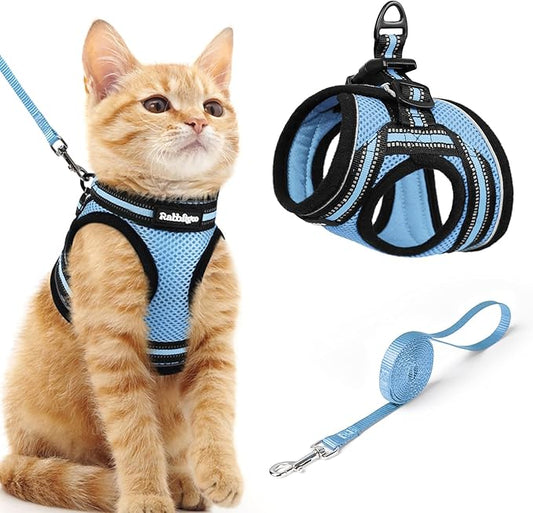 rabbitgoo Cat Harness and Leash Set for Walking Escape Proof, Adjustable Soft Kittens Vest with Reflective Strip for Cats, Comfortable Outdoor Vest, Light Blue, M