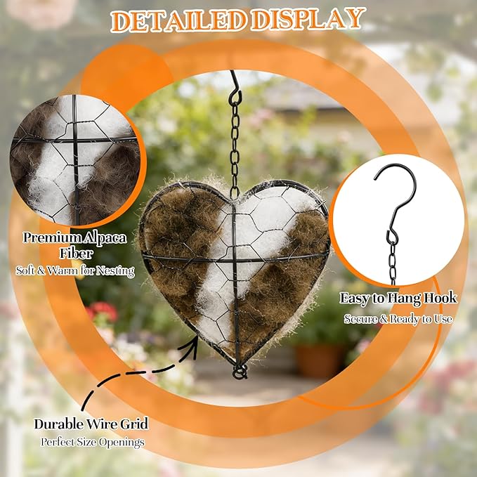 Handmade Alpaca Fiber Bird Nesting Heart,Refillable Hummingbird Nest Holder,Birds Nests Material Holder,Winter Tree Shelter for Wild Bird,Hummingbird Houses Nest Boxe for Outside Garden Art Birdhouse