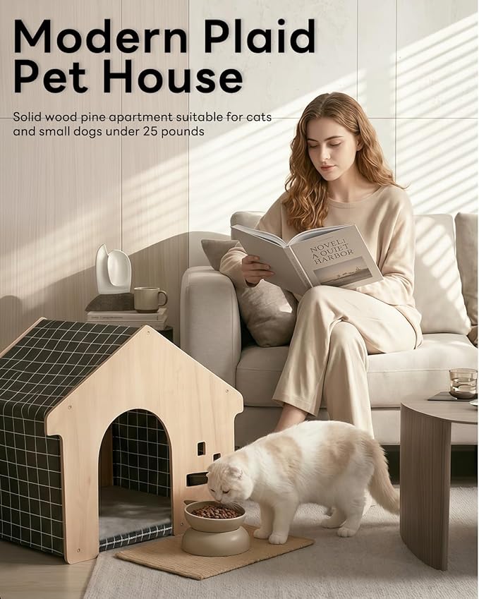 Indoor Dog House with Solid Pine Wood Frame, Furniture Style Cat House & Condos for Small Medium Dogs Cats Up to 25lbs, Modern Washable Dog Bed Cave (Black and White Grid)