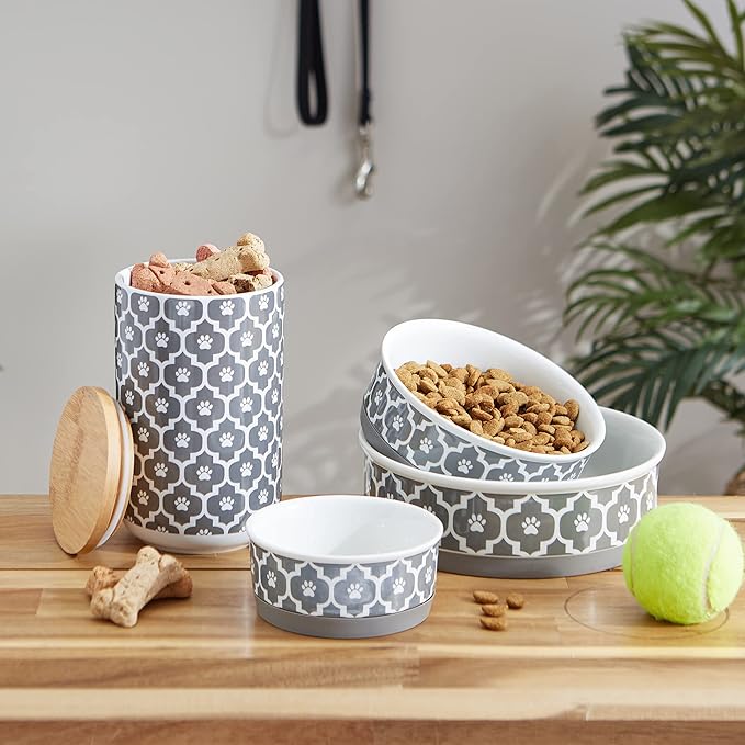 Bone Dry Lattice Collection Pet Bowl & Canister, Single Dish, Small 4.25x2", Gray