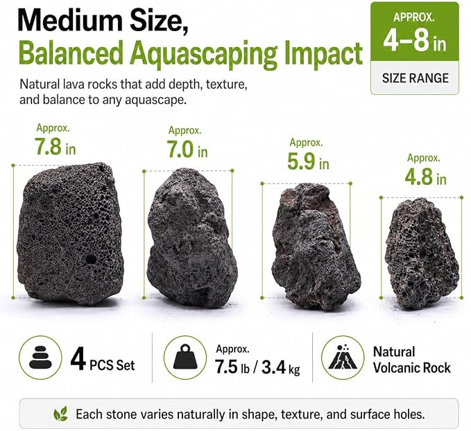 4–8 Inches Natural Black Lava Rocks, 4 PCS Medium Aquarium Stones for Aquascaping, Fish Tank Hardscape, Planted Tanks, Terrariums & Reptile Decor (Medium 4–8 in)