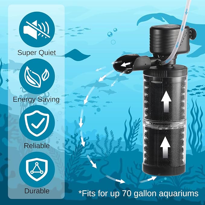 XpertMatic 15W Aquarium Filter 2 Stages 238 GPH (900L/h) | for Up to 70 Gallon Fish Tank, Submersible Internal Tank Filter and Water Pump, Power Filter for Fish Tank