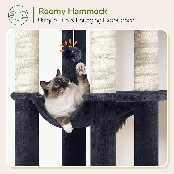 Globlazer Tall Cat Tree Tower for Large Adult Cats, Multi-Level Large 65 Inch Cat Scratching Tower with Hammock, 6 Scratching Posts, Basket and 2 Perches for Indoor Multiple Cats, F65D, Dark Grey