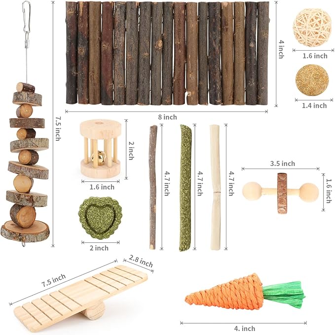 YIXUND Hamster Cage Accessories, 12 Different Chew Toys for Guinea Pig, Chinchillas, Gerbils, Mice, Rats, Mouse, Rabbit, Bunny Hideout Seesaw, Natural Molar Tools
