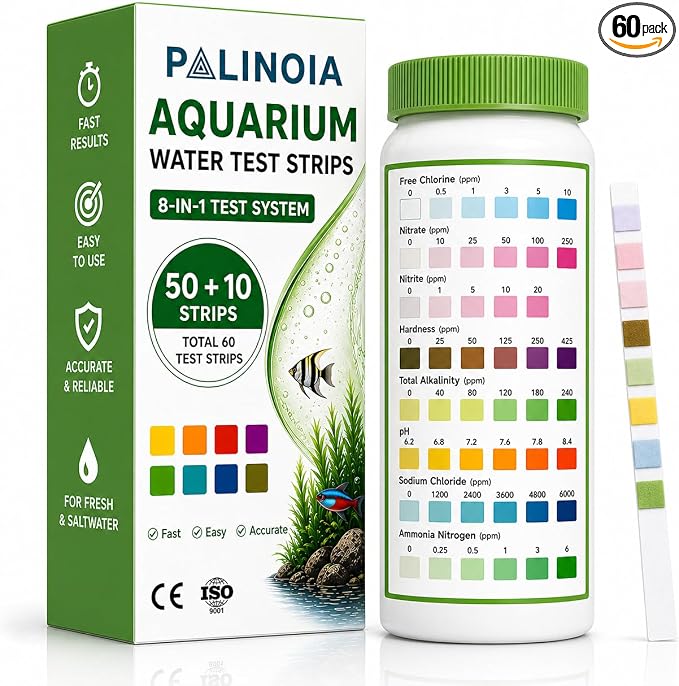 8-in-1 Fish Tank Test Strips (60 Count) – Aquarium Water Testing Kit for Freshwater & Saltwater – Tests pH, Ammonia, Nitrate, Nitrite, Hardness, Alkalinity, Chlorine & Salinity